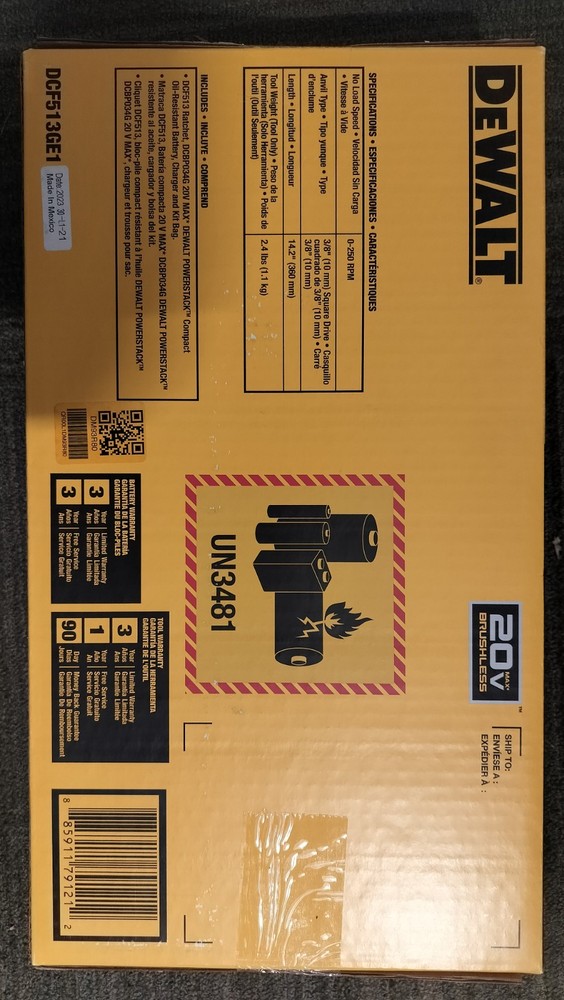 DEWALT DCF513GE1 Brushless Compact 3/8" Ratchet Kit Powerstack Battery