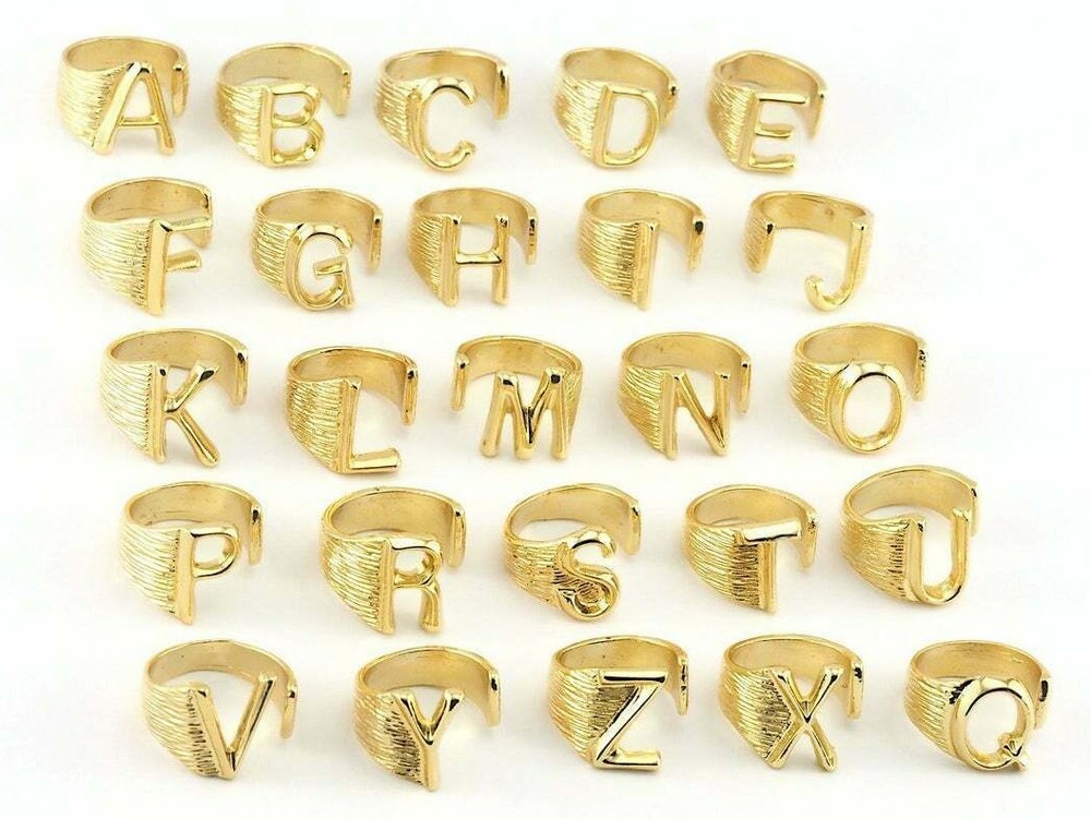 First Letter Ring Initial Name Shiny Gold Plated Brass Adjustable 4US - 9US