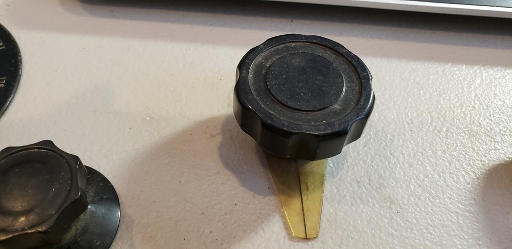 Dakaware  Instrumen Knob Plastic Pointer Attached. Brass shaft socket. 1-5/8"