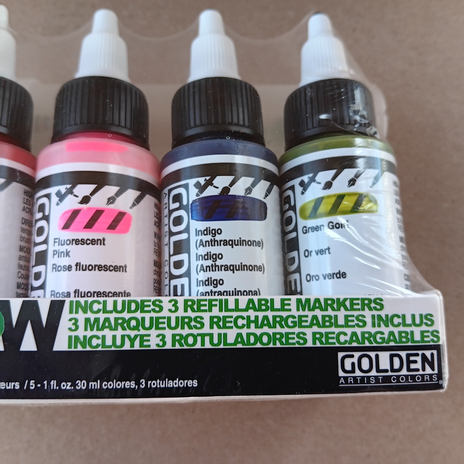 GOLDEN ACRYLIC SET HIGH FLOW 5 COLORS & 3 REFILLABLE MARKERS