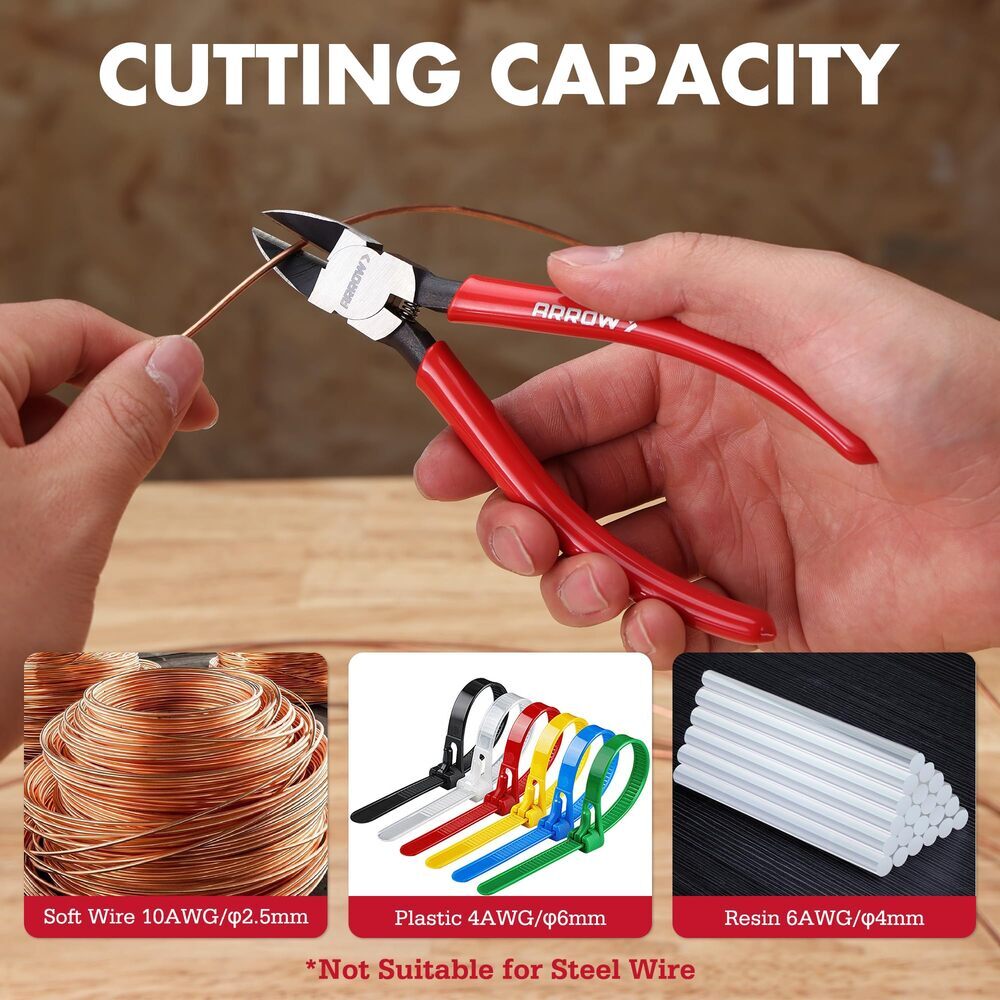 ARROW 6" Precision Wire Cutters Spring Load Side Cutter Diagonal Flush Cut Plier