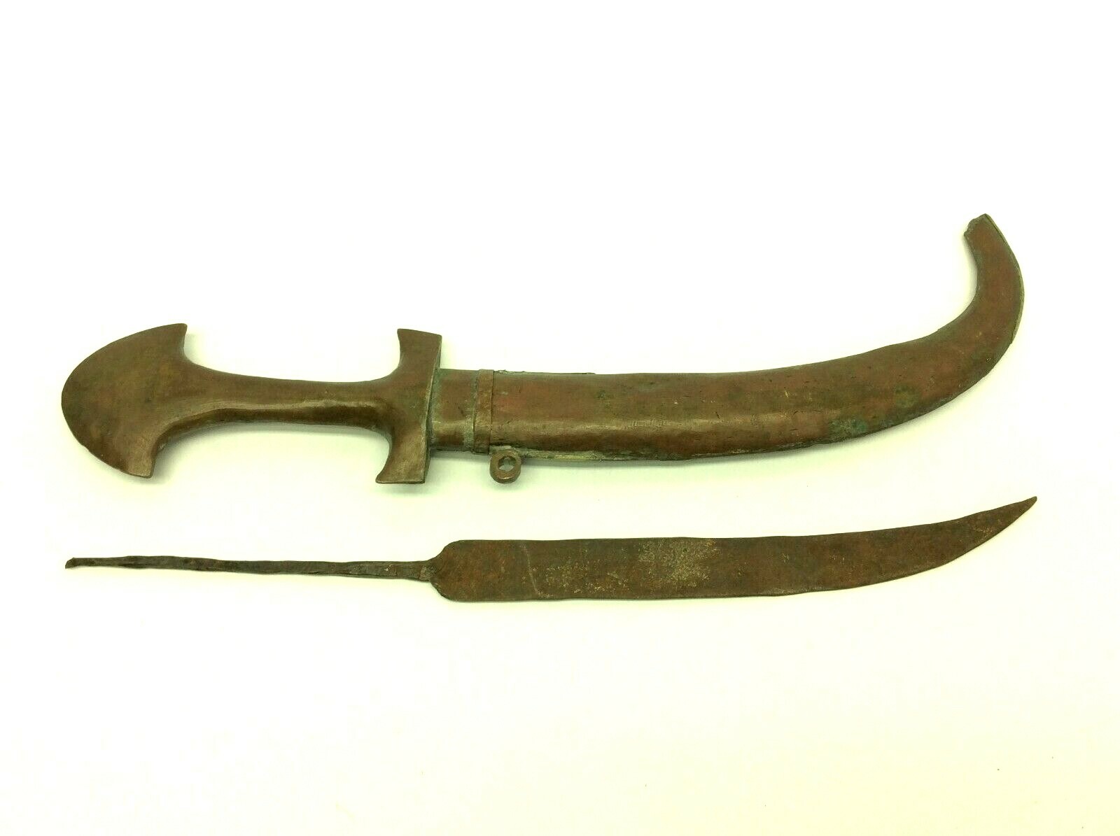 Antique Moroccan Koummya Dagger Brass & Silver Inlay Sheath Curved Blade