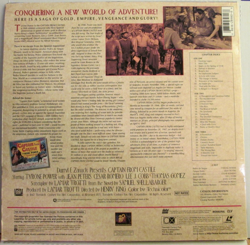 Captain From Castile: Extended Play (Laser Disc) 2 Disc