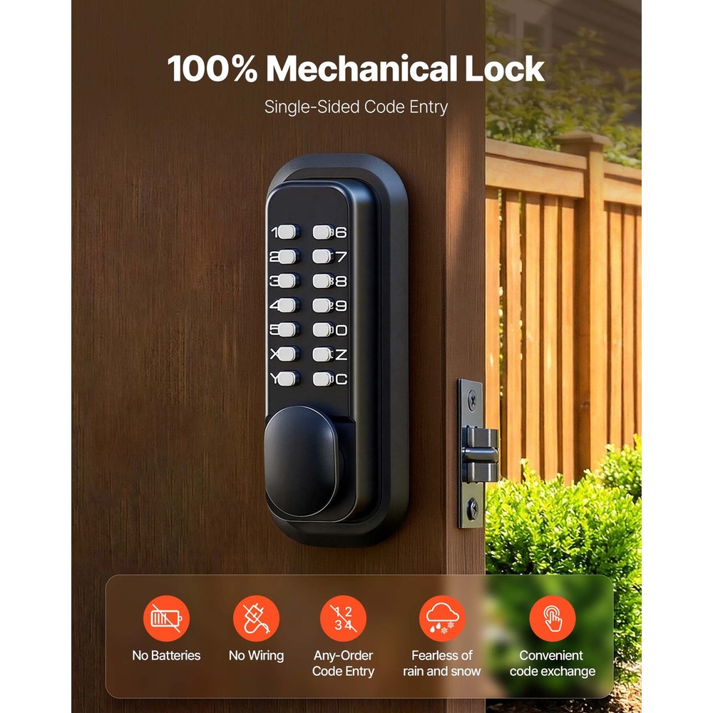 Uimoso Mechanical Keyless Door Lock with Keypad, 4-7 Digit Code, Black Finish