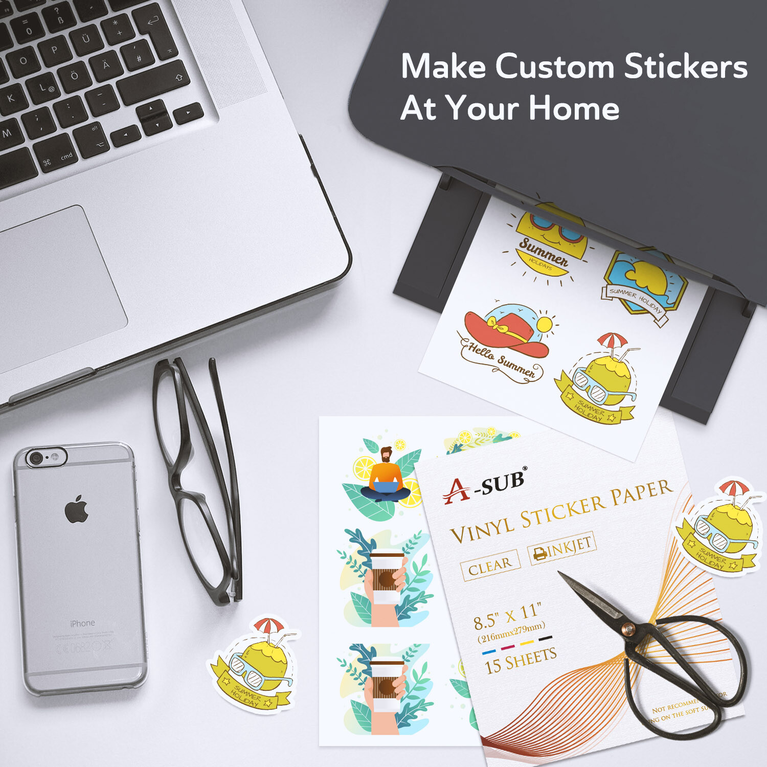 A-SUB Clear Vinyl Sticker Paper Waterproof for Inkjet Printer 60 Sheets 8.5x11