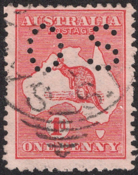 1d RED KANGAROO FIRST WATERMARK PERF SMALL "OS" - USED (A32990)