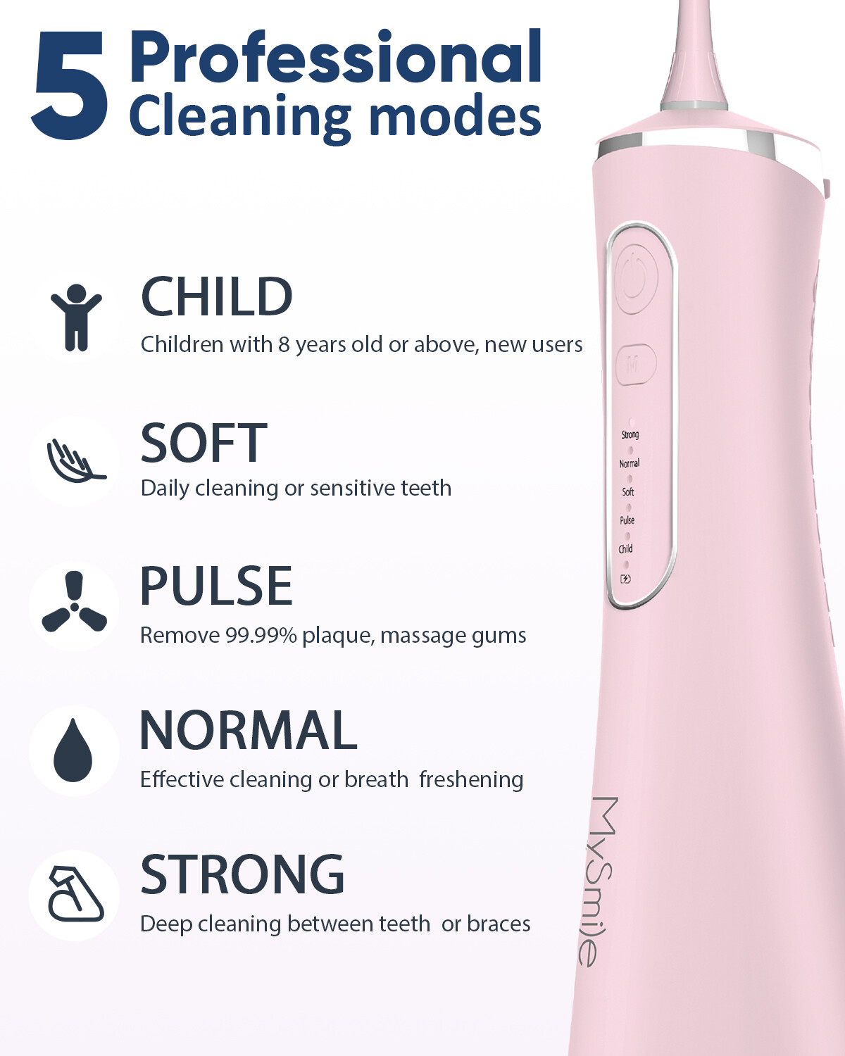 MySmile LP211 Cordless Water Dental Flosser Oral Irrigator 5 Modes 8 Tips Pink