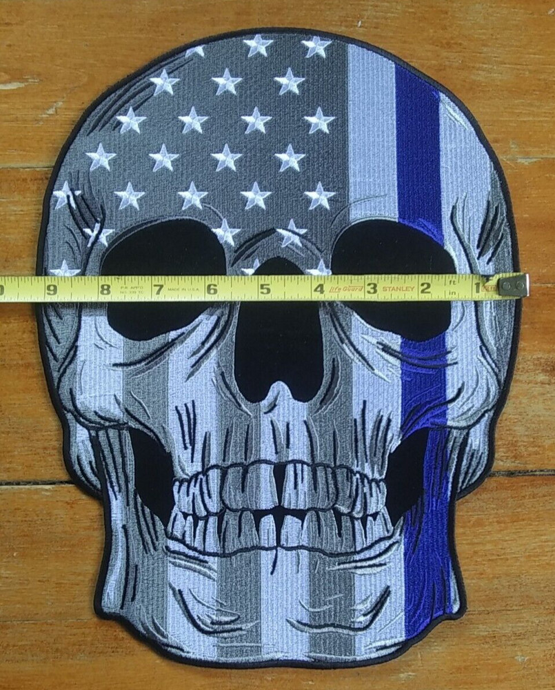 LARGE Embroidered Back Patch ~ Police USA Flag Thin Blue Line SKULL Jacket PATCH