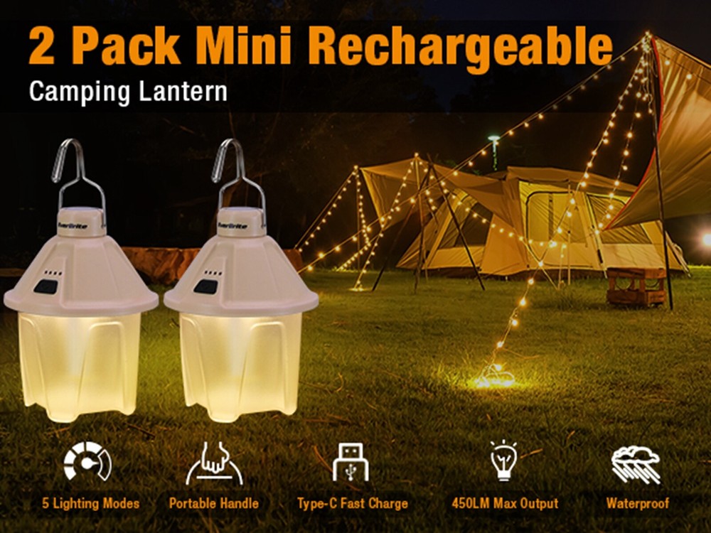 EverBrite 2PC 450LM Camping Lantern Rechargeable Camping Lantern 5 Lighting Mode