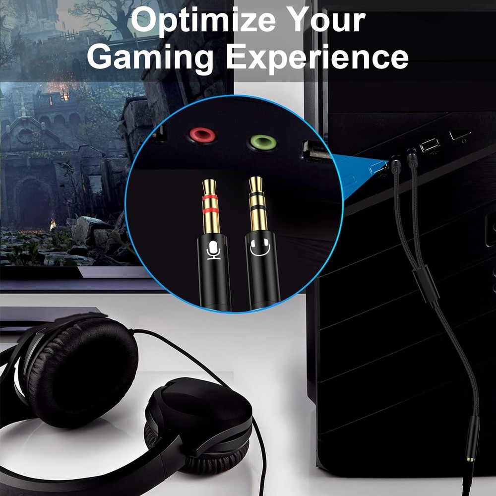 PC Headset Splitter Cable 3.5mm Mic AUX Audio Computer Headphone Black