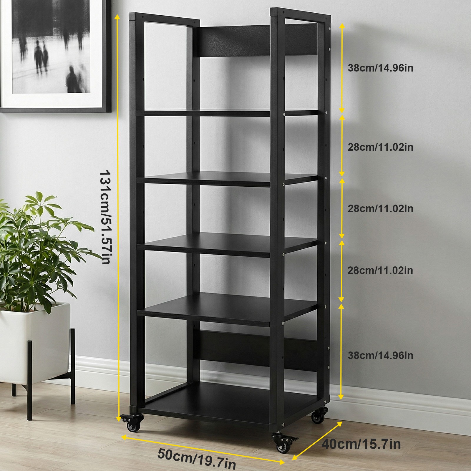 5-Tier AV Media Stand, Audio-Video Shelving with Wheels, Adjustable Media Consol
