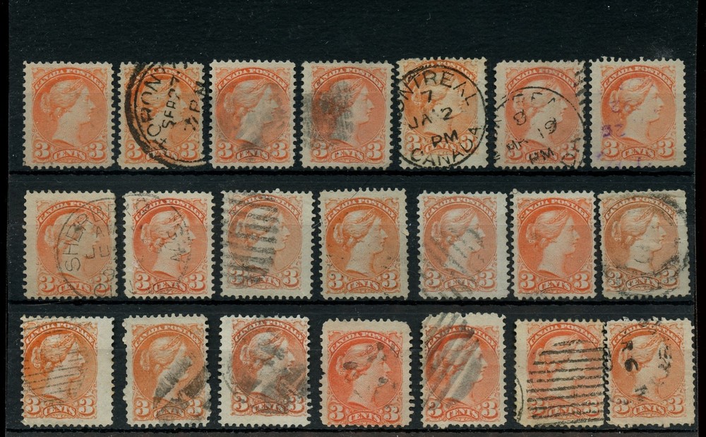 SMALL QUEEN 3 cent Various cancels, corks, used lot CAnada