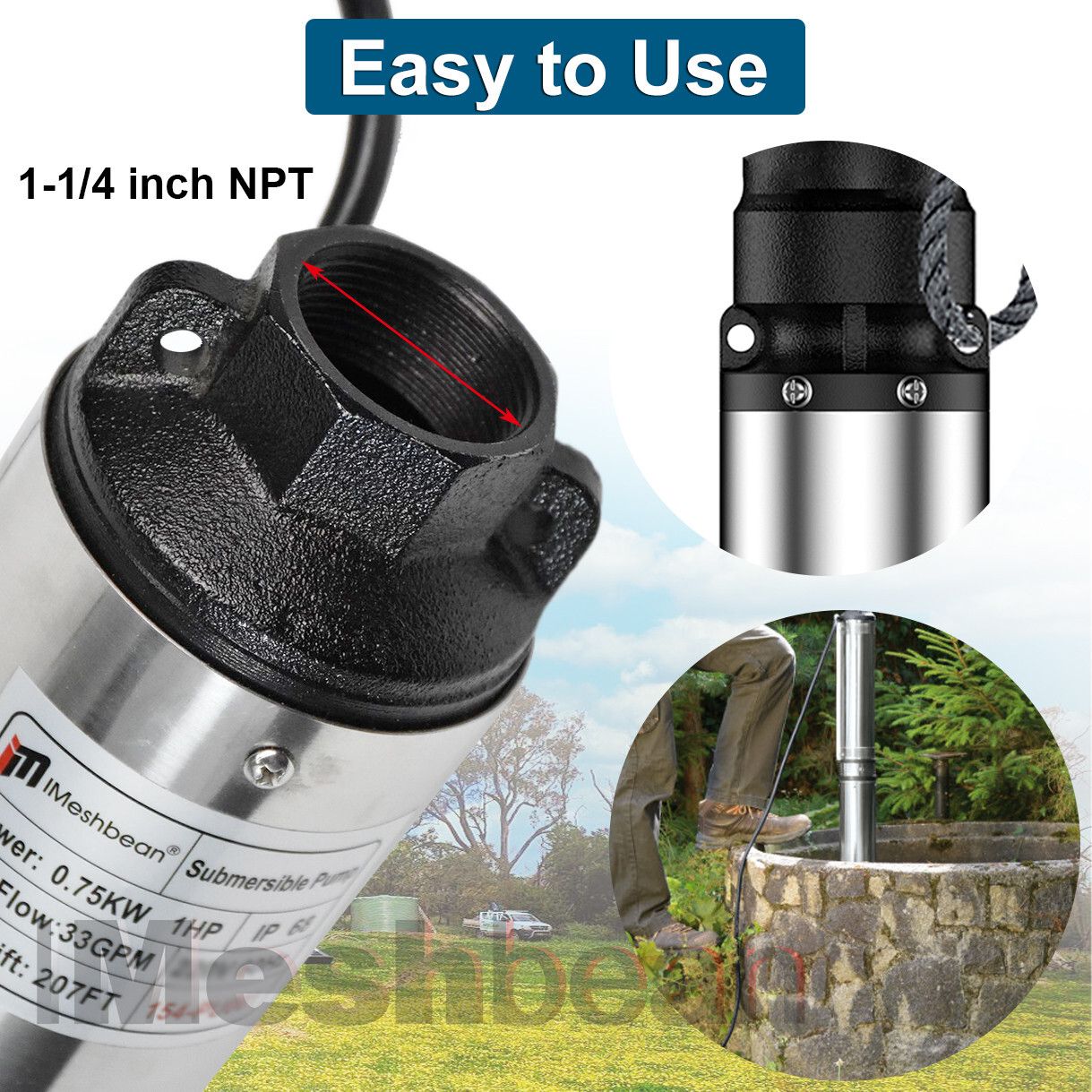 1 HP 4'' Deep Well Submersible Pump ,115V, 33 GPM, 276 ft ,60Hz,Stainless Steel