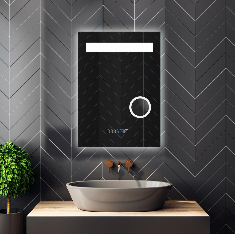 LED Lighted Frameless Smart Bathroom Mirror - Time/Temperature/Magnifying
