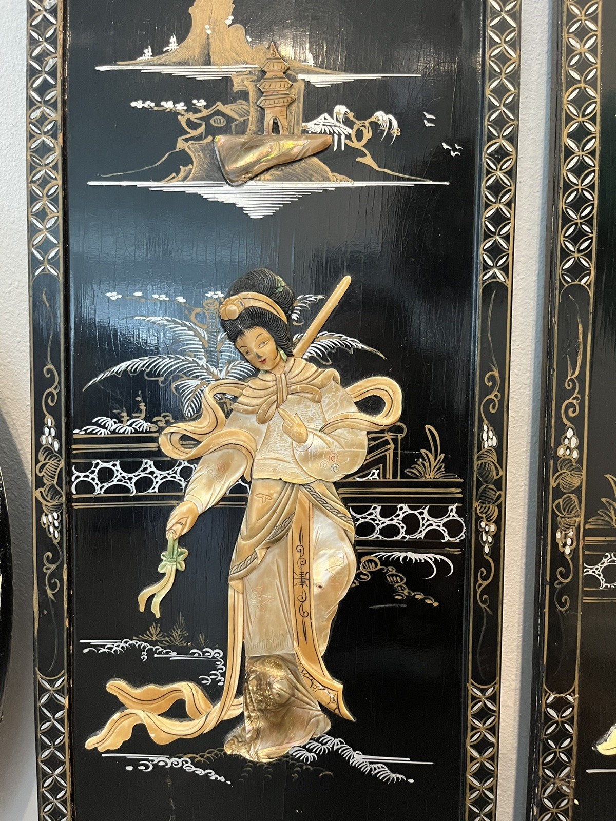 VTG 5 Asian Oriental BLACK Lacquer Mother of Pearl Wall Panels 36H x 11,5W, 30”