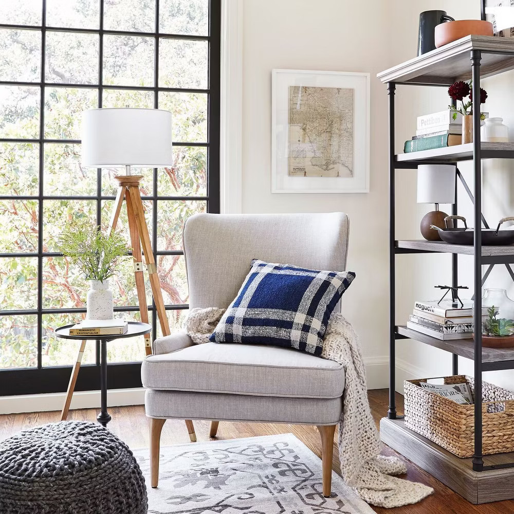 Oak Wood Tripod Floor Lamp Brass - Threshold