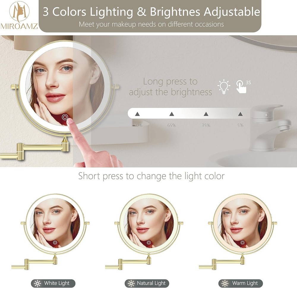 10X Rechargeable Wall Mounted Lighted Makeup Vanity Mirror 8"Double Sided Mirror
