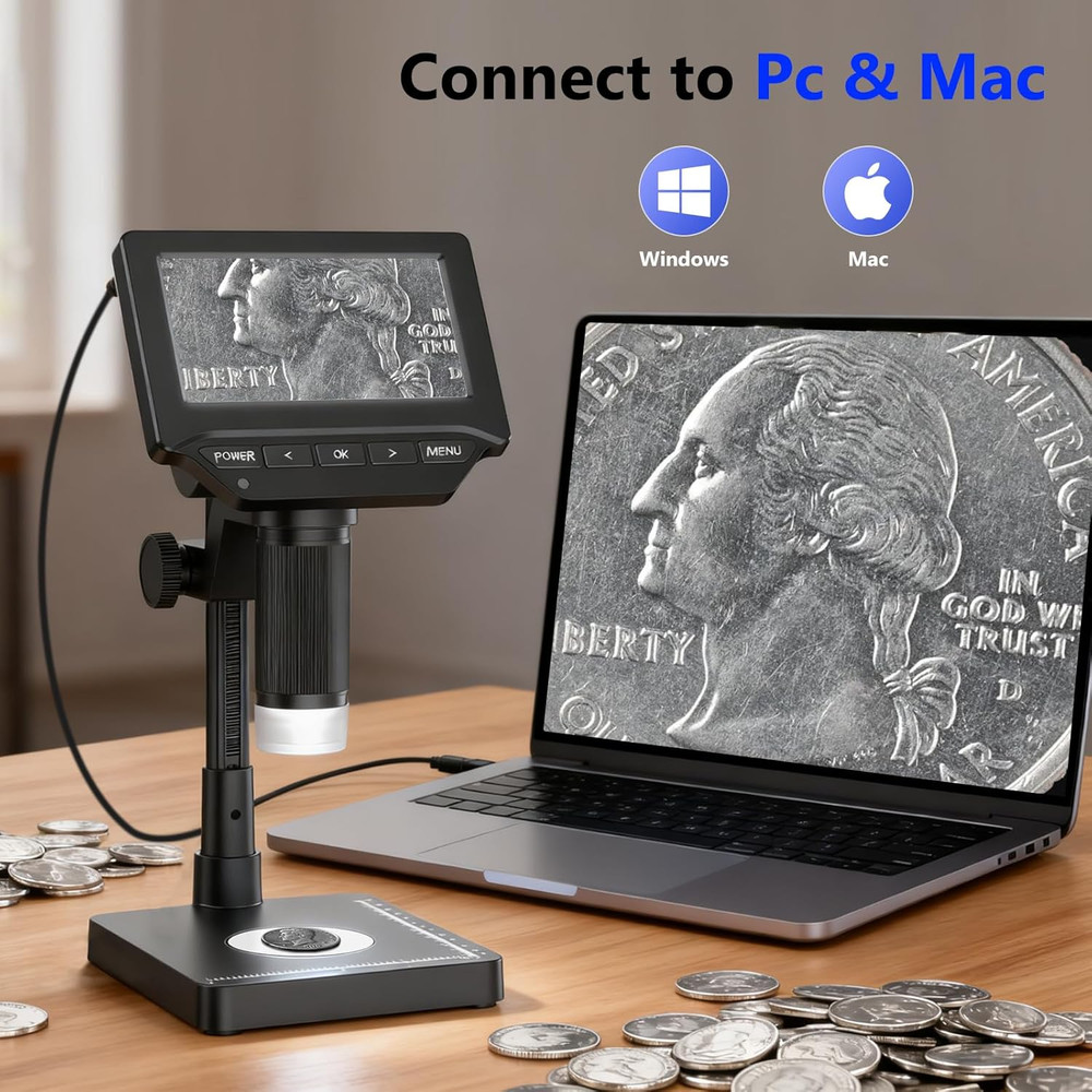 Digital Microscope,4.3" Digital Coin Microscope with Screen,With 8 Adjustable LE