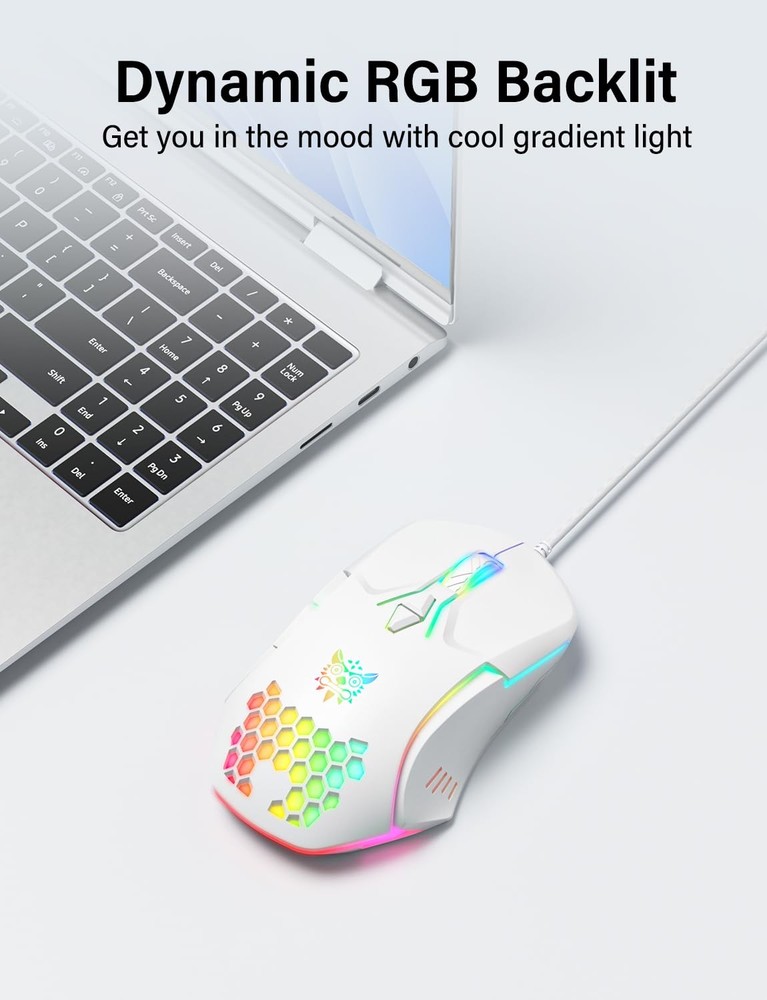 Wired USB Mouse with RGB Lighting 4 Adjustable DPI 7 Buttons White