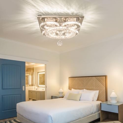 Modern 5-Ring Crystal Ceiling Light, 13.3" Dimmable LED Flush WCY Dimmable