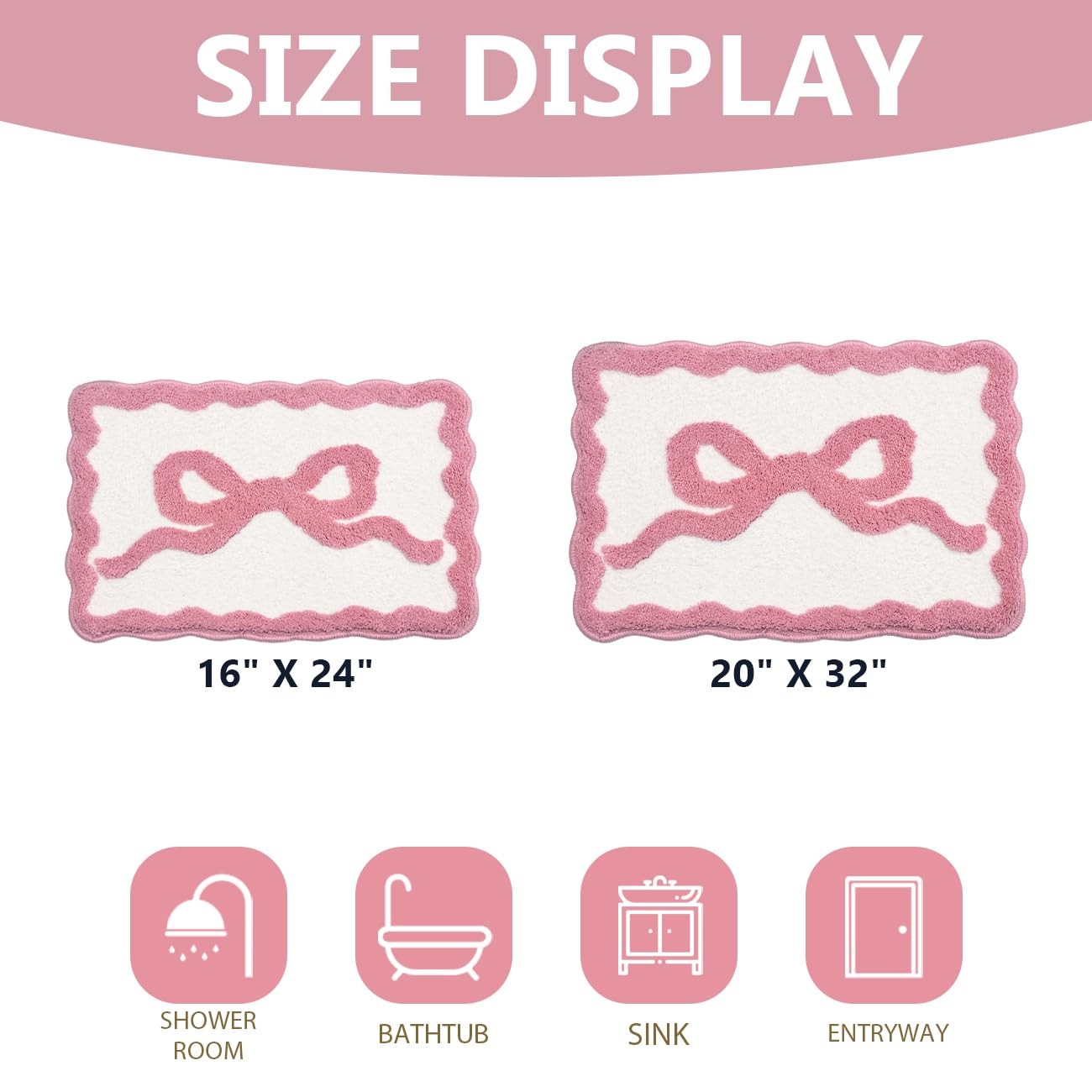 Scalloped Bow Bathroom Rugs Coquette Pink Cute Bath Rug Microfiber Water Abso...