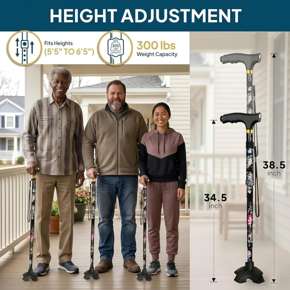 Portable Walking Cane with 5-Level Height Adjustment & Built-in LED Light