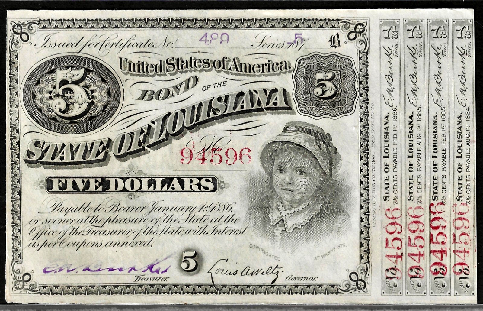 1875 Baton Rouge Louisiana $5 Dollar Baby Bond Obsolete Note w/4 Coupons UNC