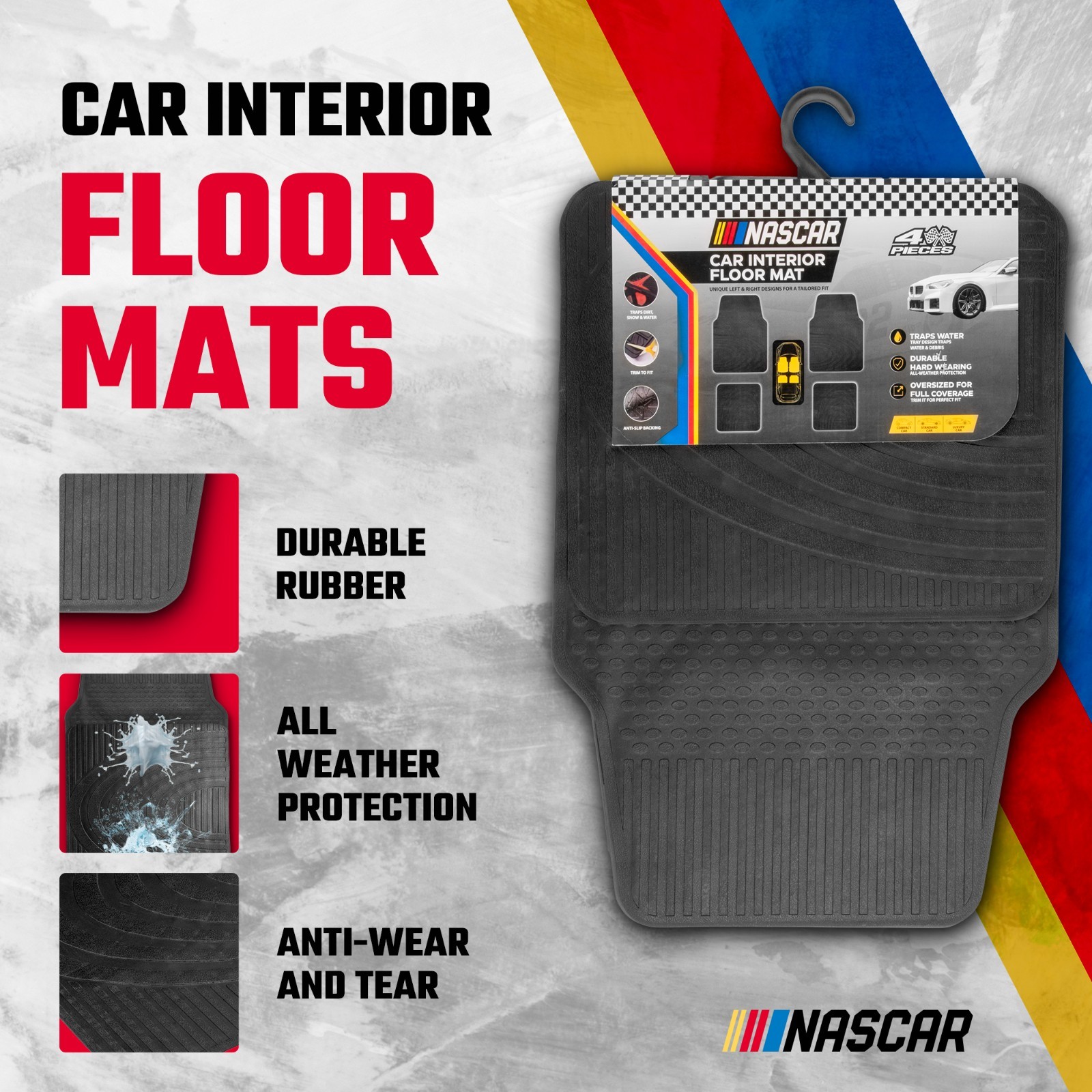 NASCAR Essential Car Floor Mats – 4-Piece Set | All-Weather | Universal Fit