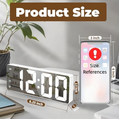 Small Digital Alarm Clock, Mirror Surface LED White Case + White Digit