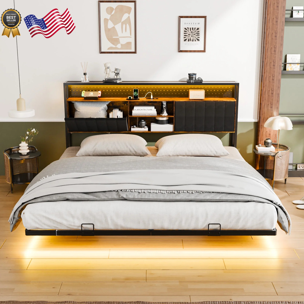 KING SIZE Floating Platform Bed Frame With Charging Station Storage Headboard
