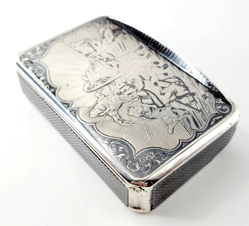 1874 IMPERIAL RUSSIAN NIELLO SOLID SILVER CIGARETTE CASE 84 WITH TROIKA SCENE