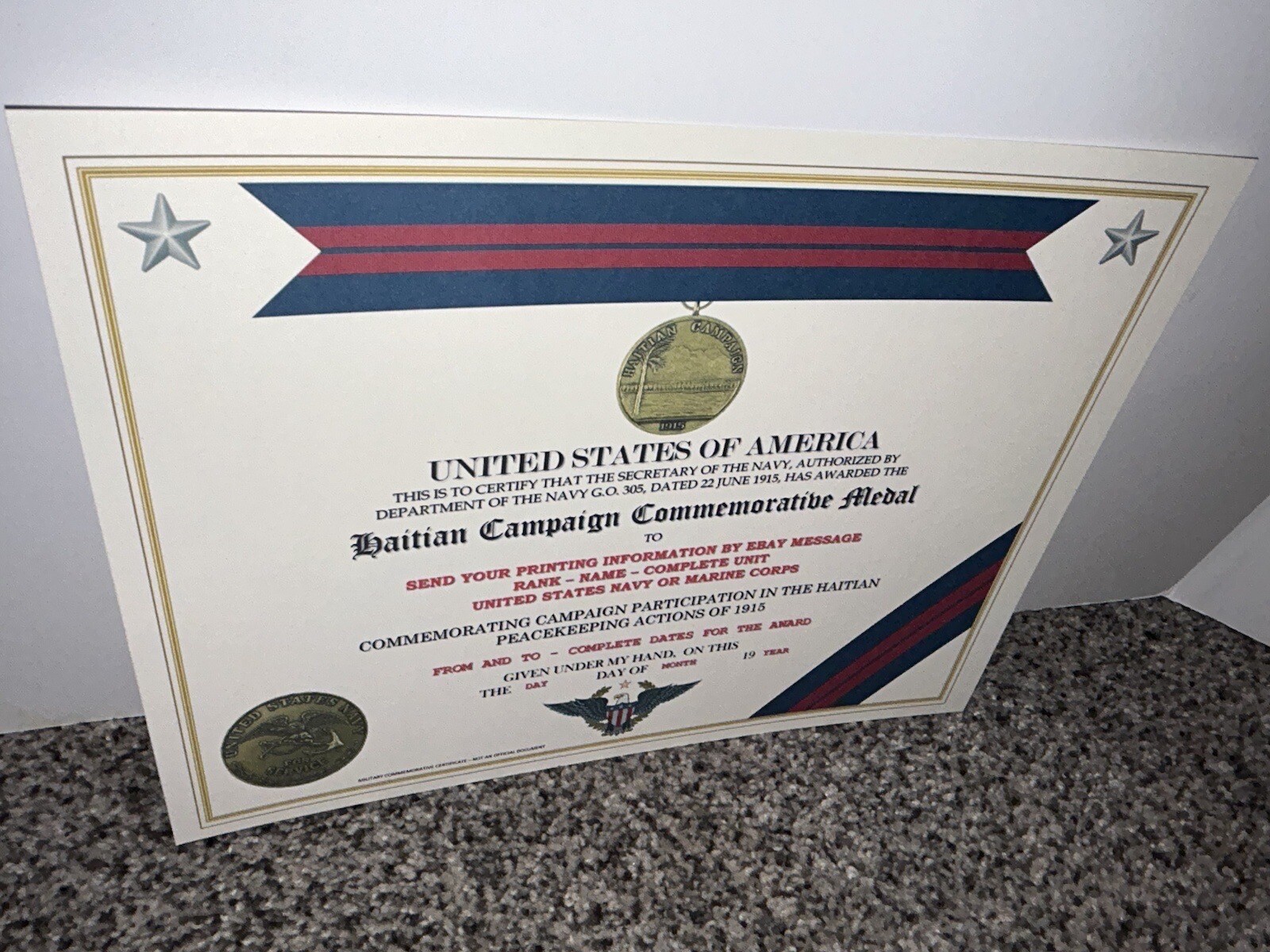 HAITIAN CAMPAIGN (NAVY) COMMEMORATIVE MEDAL CERTIFICATE ~ W/PRINTING TYPE-1