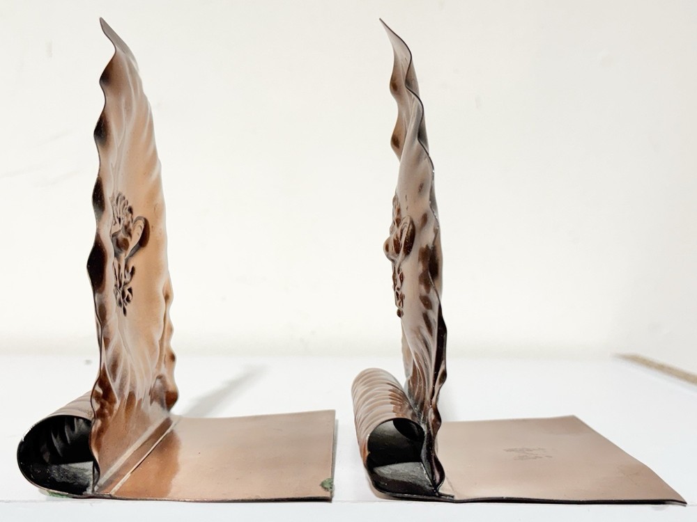 Vintage Gregorian Solid Copper Book Ends Pair Embossed Flower Marked Bookends