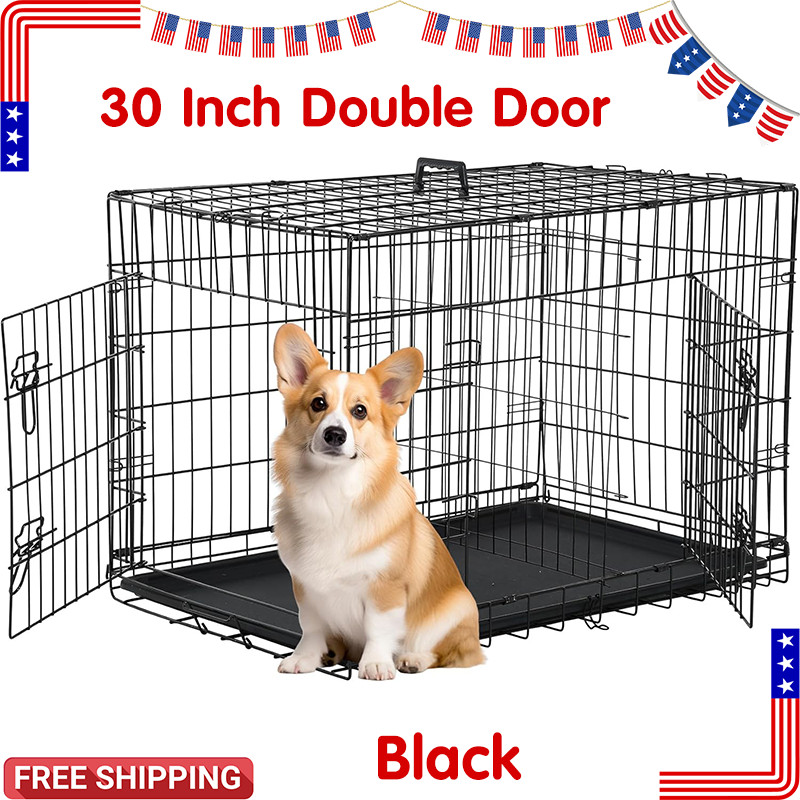 30in Dog Crate Double Door Folding Metal Wire Cage Divider Tray Medium Black