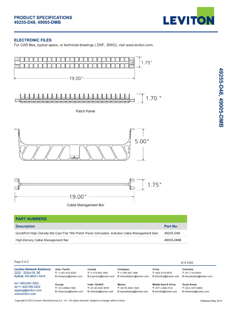 Leviton 49005-DMB High Density Cable Management Bar