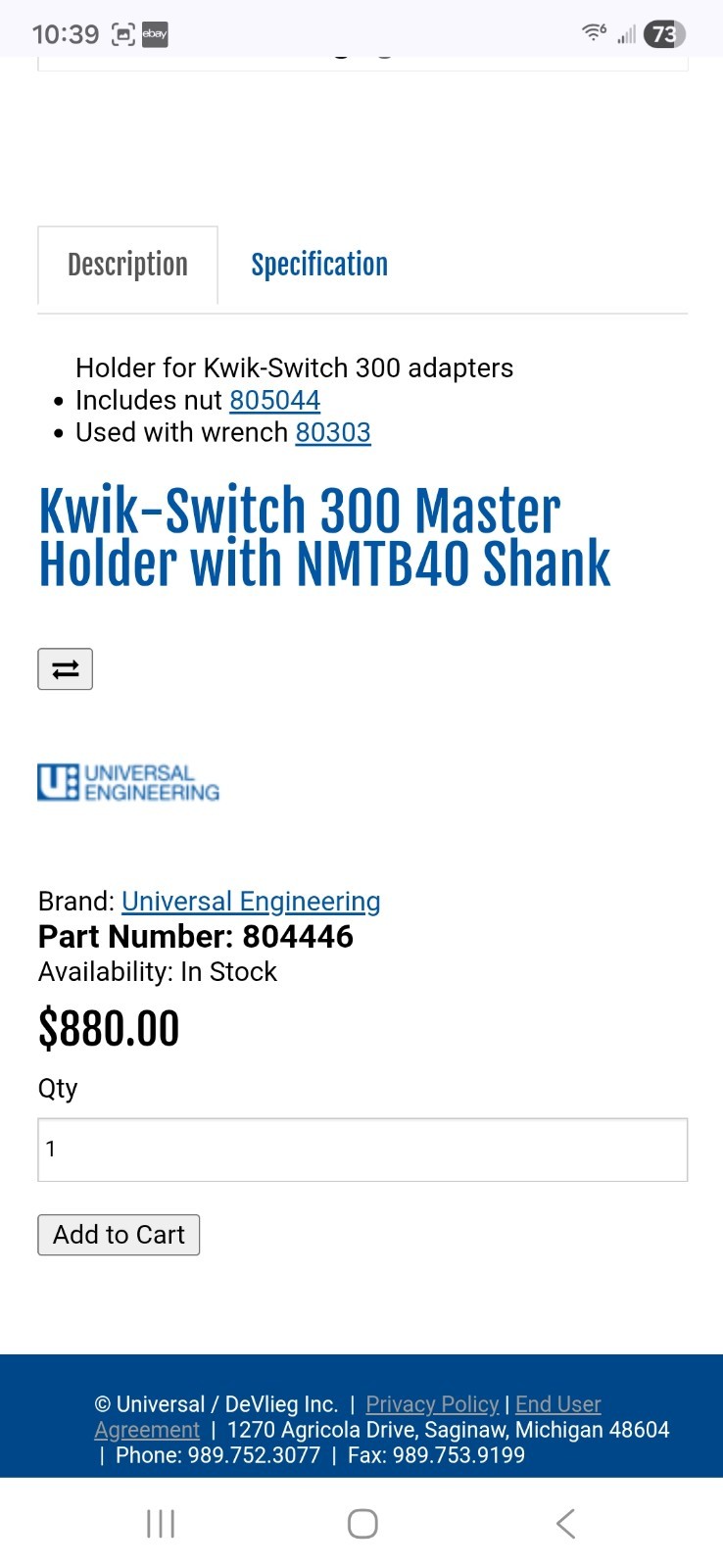 Kwik-Switch 300 Master Holder with NMTB40 Shank 8044446 805044