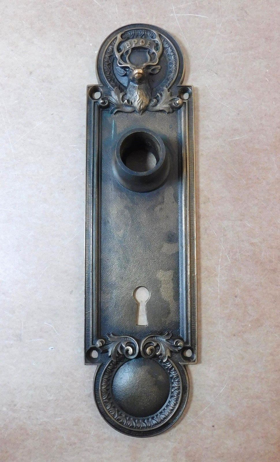 Antique BPOE Elk door back plate cast brass bronze emblematic escutcheon