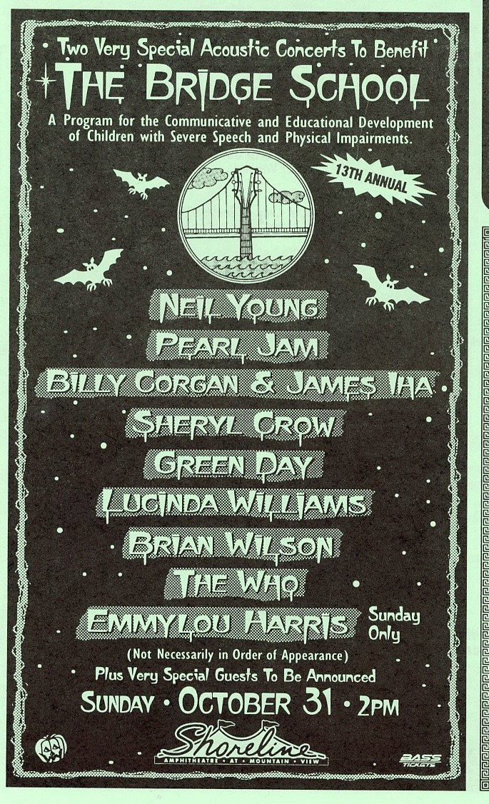 1999 Bridge School Concert Flyer; Neil Young Pearl Jam Brian Wilson The Who