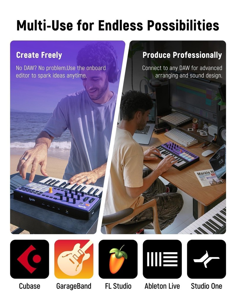 Wireless MIDI Keyboard Controller with 25 Keys, 8 Pads, and OLED Screen