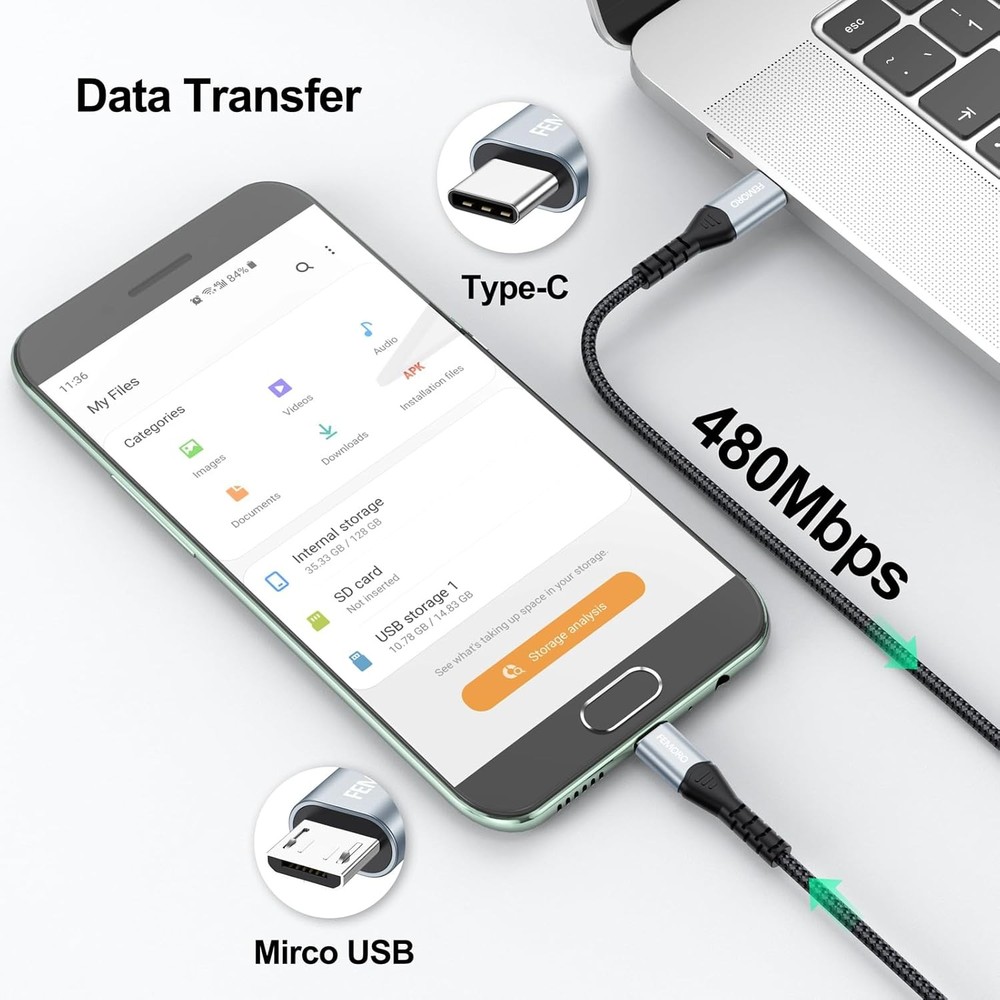FEMORO USB C to Micro Cable 3Ft, MicroUSB Type C 3 Feet, Grey