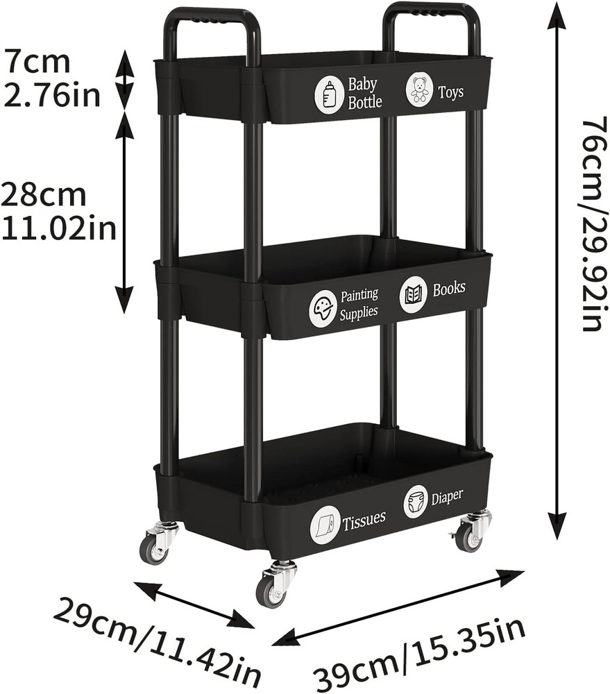 Sturdy and Lightweight 3-Tier Mobile Shelving Unit - Effortless Storage Solution