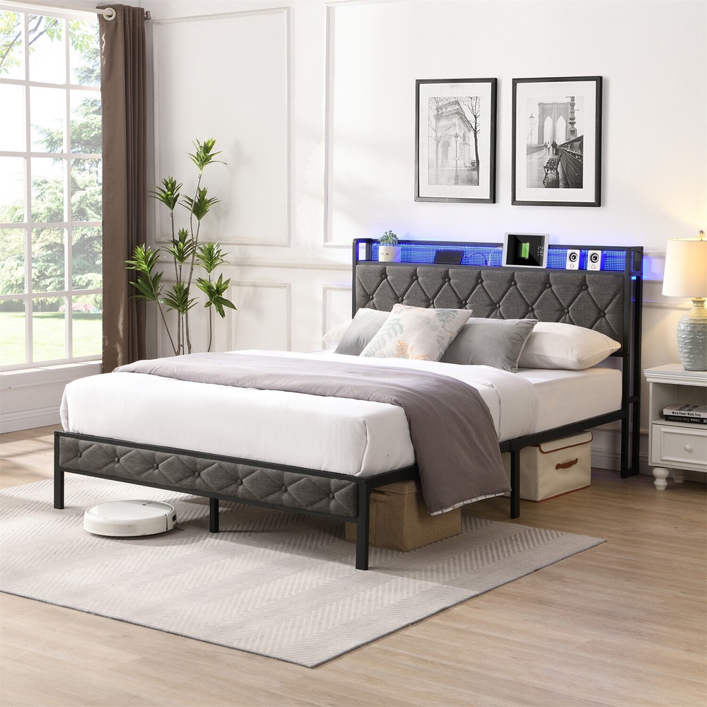 Full Size LED Bed Frame w/ Headboard & USB Port Upholstered Platform Bed Frame