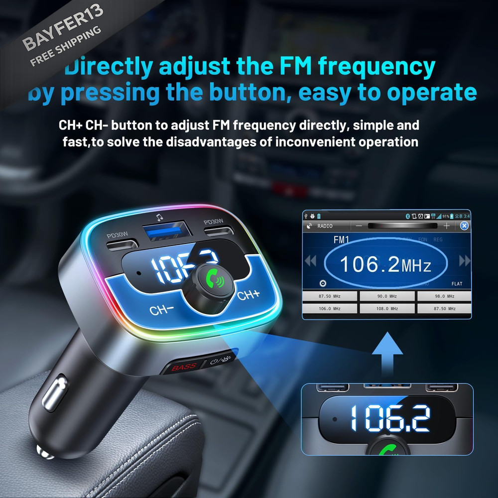HUNDRUP Bluetooth 5.4 Car Adapter 60W Charging USB Black