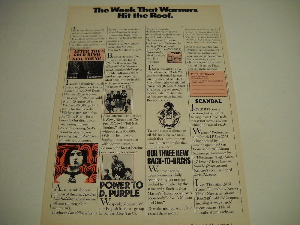 NEIL YOUNG Deep Purple KENNY ROGERS & FIRST EDITION more 1970 Promo Poster Ad