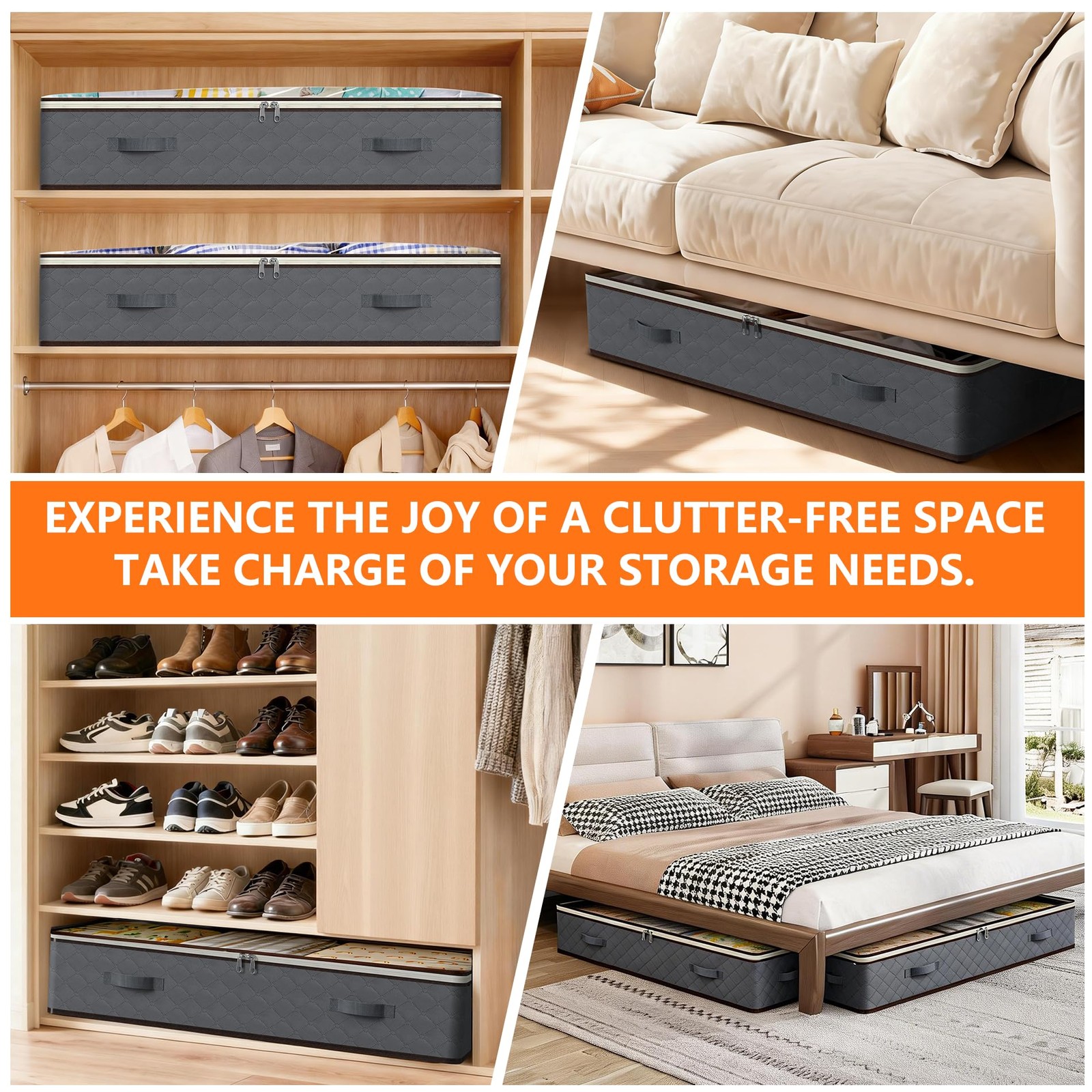 90L Under Bed Storage Bins 4-Pack Transparent Organizers with Lids Grey