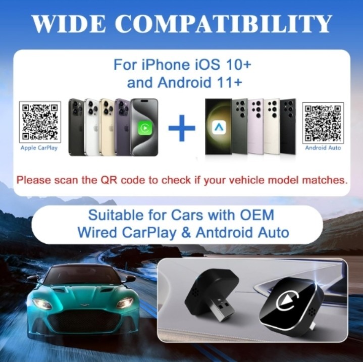 Wireless CarPlay Adapter Android Auto USB Plug Play iPhone Bluetooth Mini