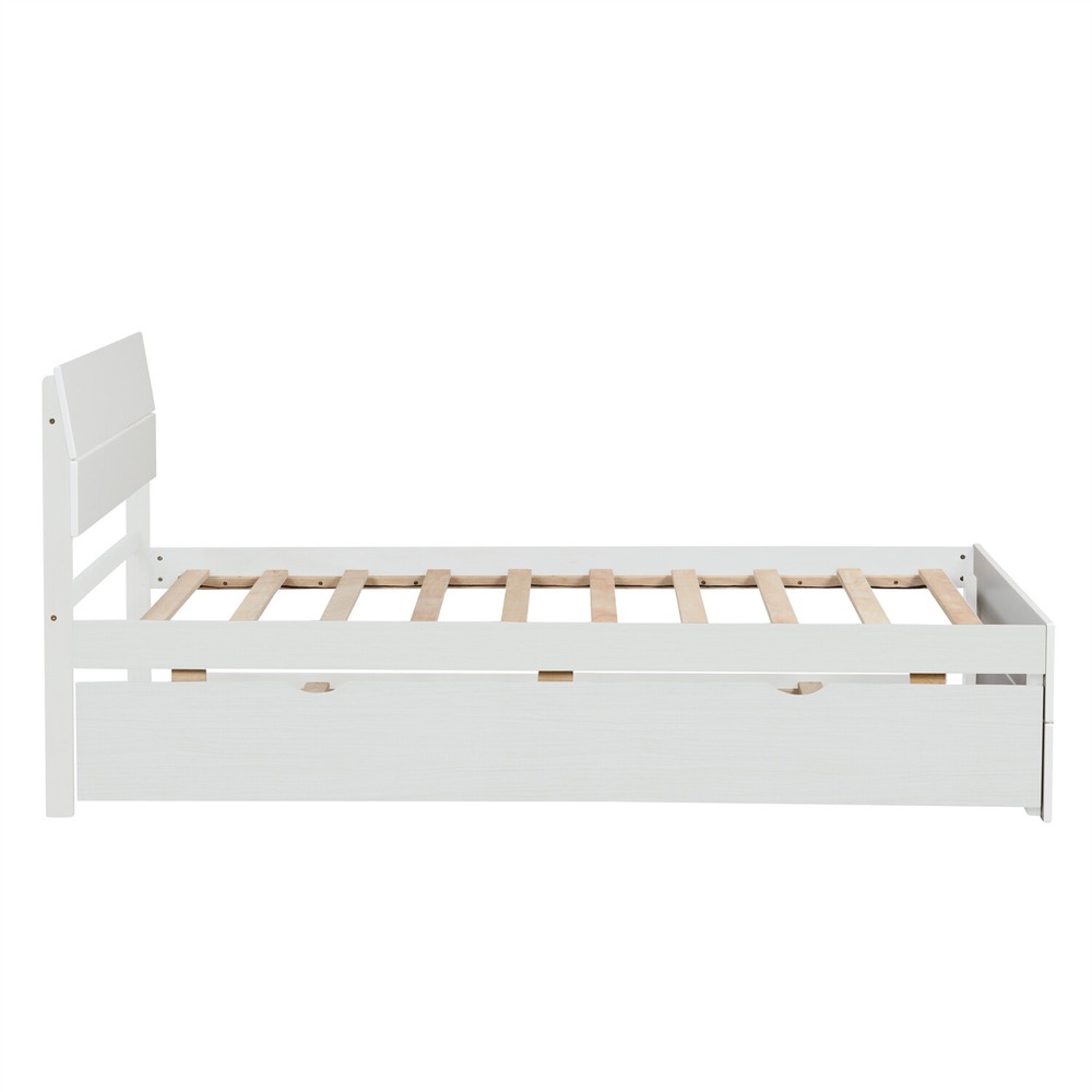 Twin Size Bed Frame Wood Platform Bed Frame w/ Headboard & Pull Out Trundle