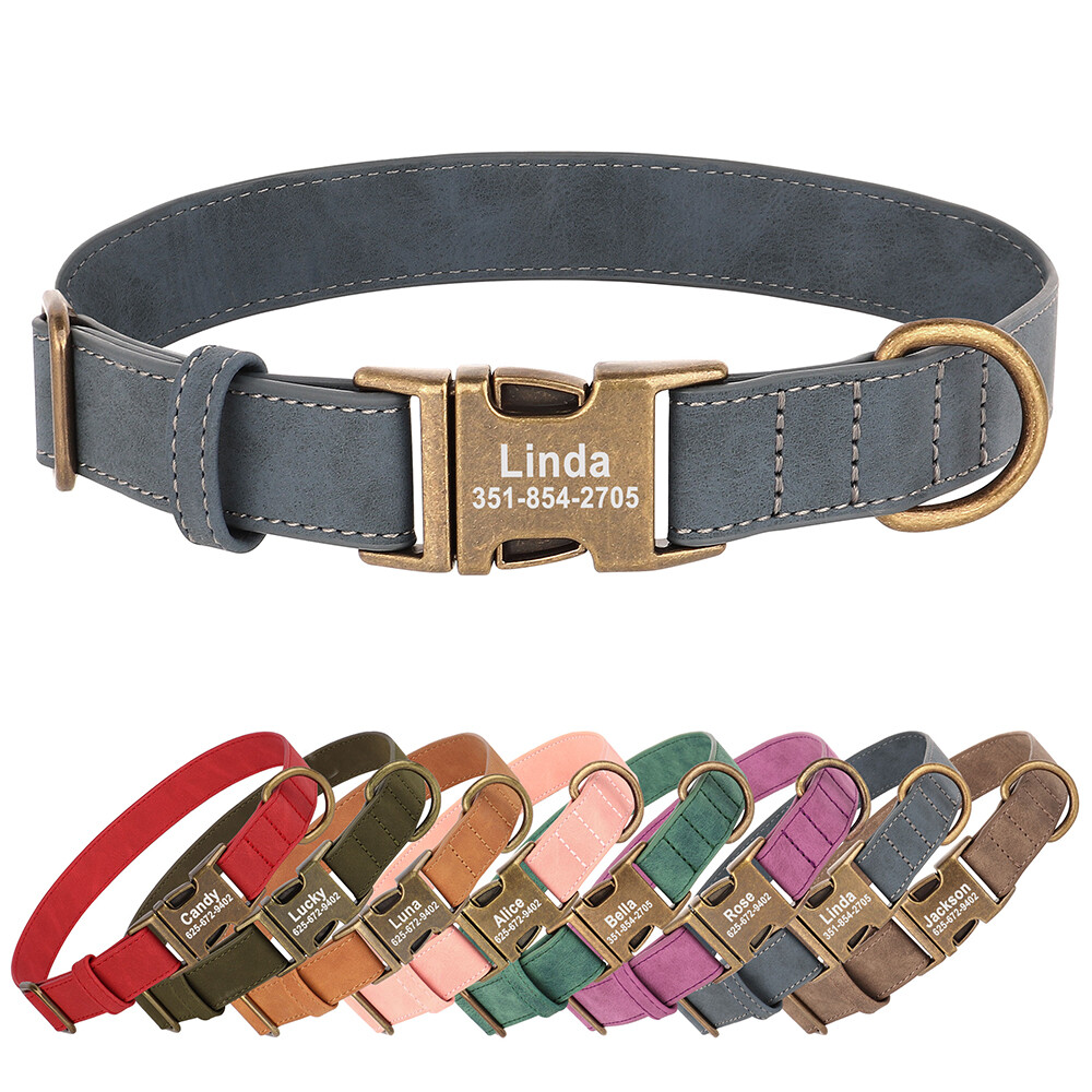 Personalized Dog Collar Soft Leather Brass Buckle Custom Name Plate Adjustable