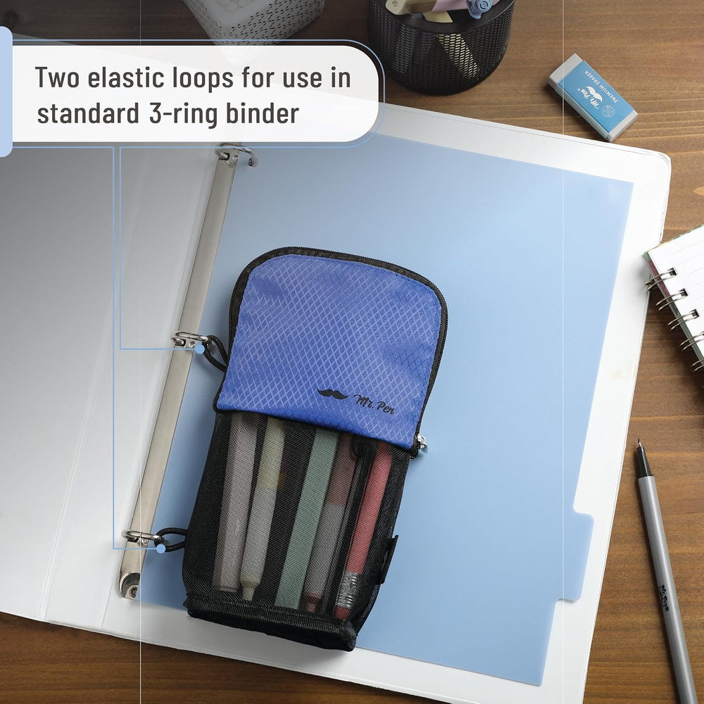 - Standing Pencil Case Pouch, Sit & Lay Mesh-View Design, Black & Blue, Inter...
