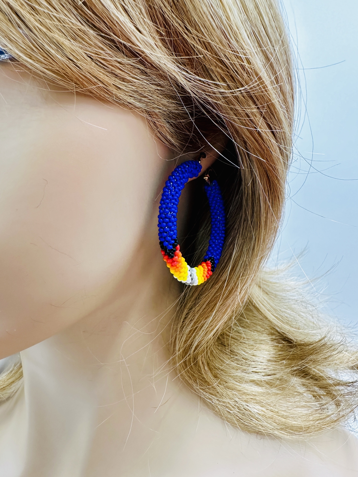 Handmade beaded 2 inch Deep Blue Native style hoop earrings